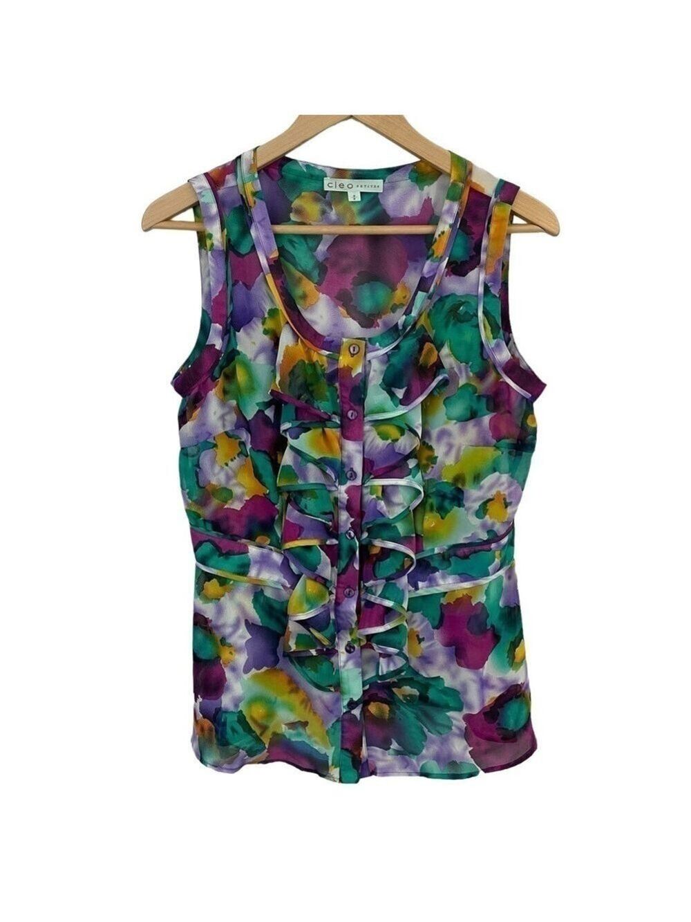 Cleo Vibrant Sleeveless Blouse Womens M Petite Colourful Ruffle Office Business